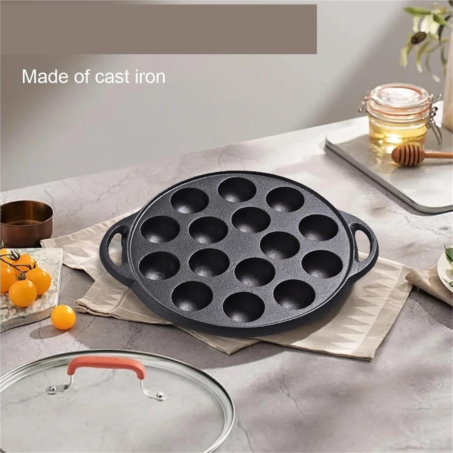 Cast Iron Grilling Pan 15 Compartment Holes Non-Stick Ball Mold Cooking Tray for Home Baking and Grilling