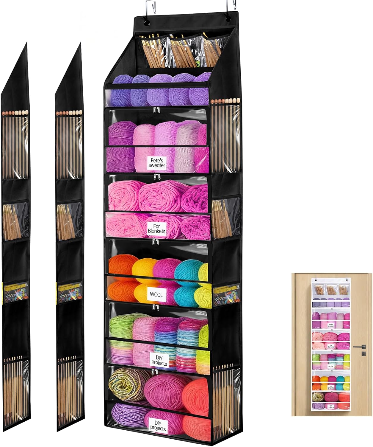 Hanging Yarn Storage Organizer with 6 Zipper Compartments with Labels and 8 Side Pockets, Large Capacity Crochet Yarn Organizer and Knitting Storage for Over The Door (Black)