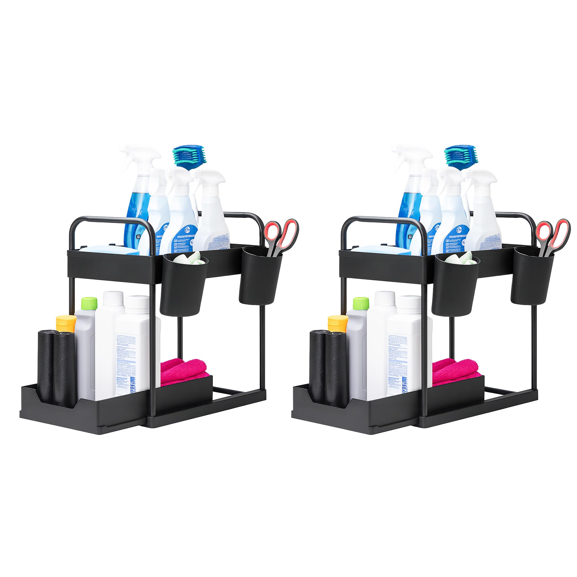 Innoteck Black Under Sink Organiser With 4 Hooks And 2 Cups – Stylish 2-Tier Storage Solution With Slide-Out Design For Kitchen And Bathroom, Dimensions H40xl39xd30cm (Pack Of 2)