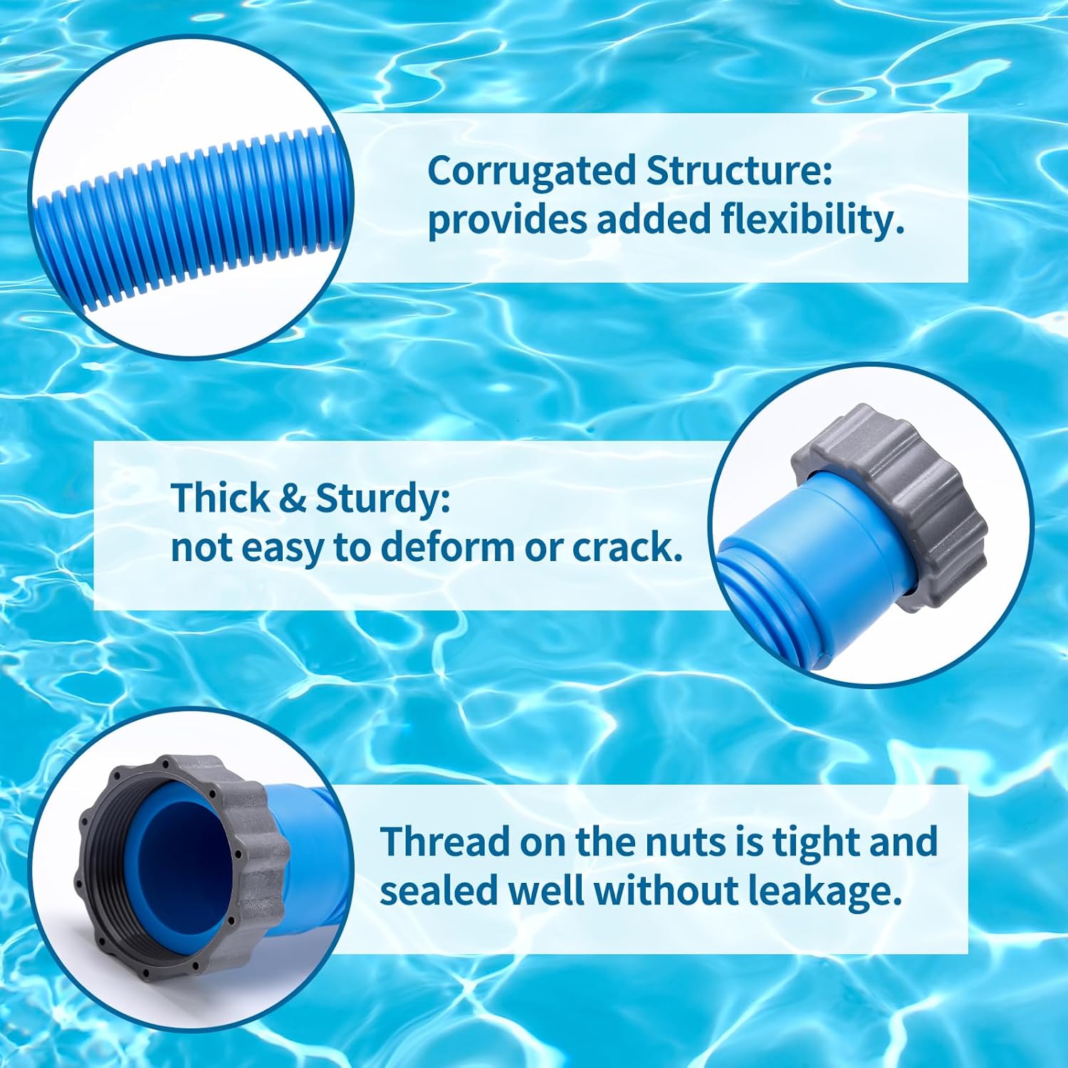 2-Pack 1.5 Inch Pool Pump Hose Replacement for Above Ground Pools, 59" Long Flexible PE Pool Filter Hose for Most 1.5 Inch Diameter Sand Filters & Saltwater Systems (Blue)