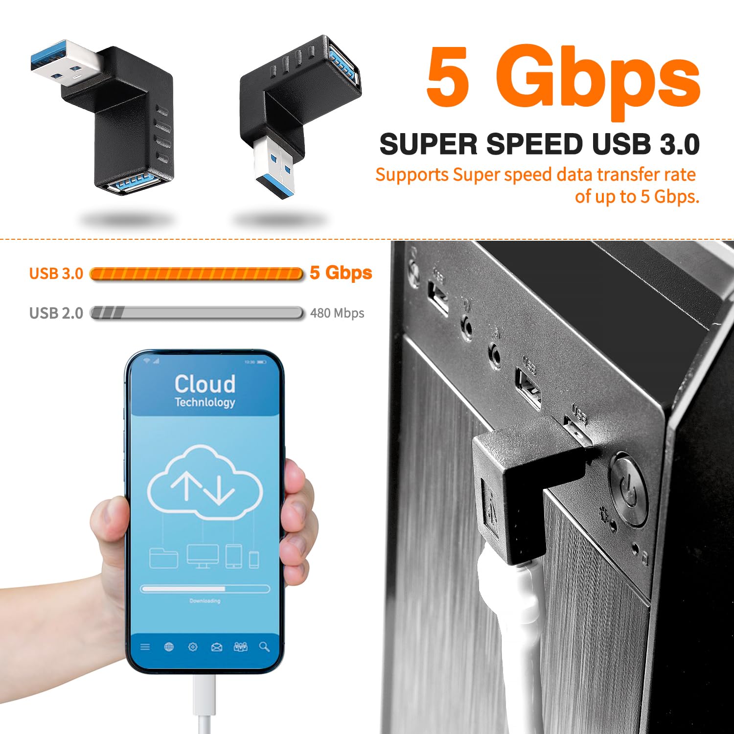 4 Pezzi Adattatore ad Angolo USB 3.0 a 90°, Adattatore USB 3.0 90 Gradi Maschio a Femmina Combo Verticale Verso l'alto e Verso il Basso Connettore, Adattatore Angolare da USB a USB
