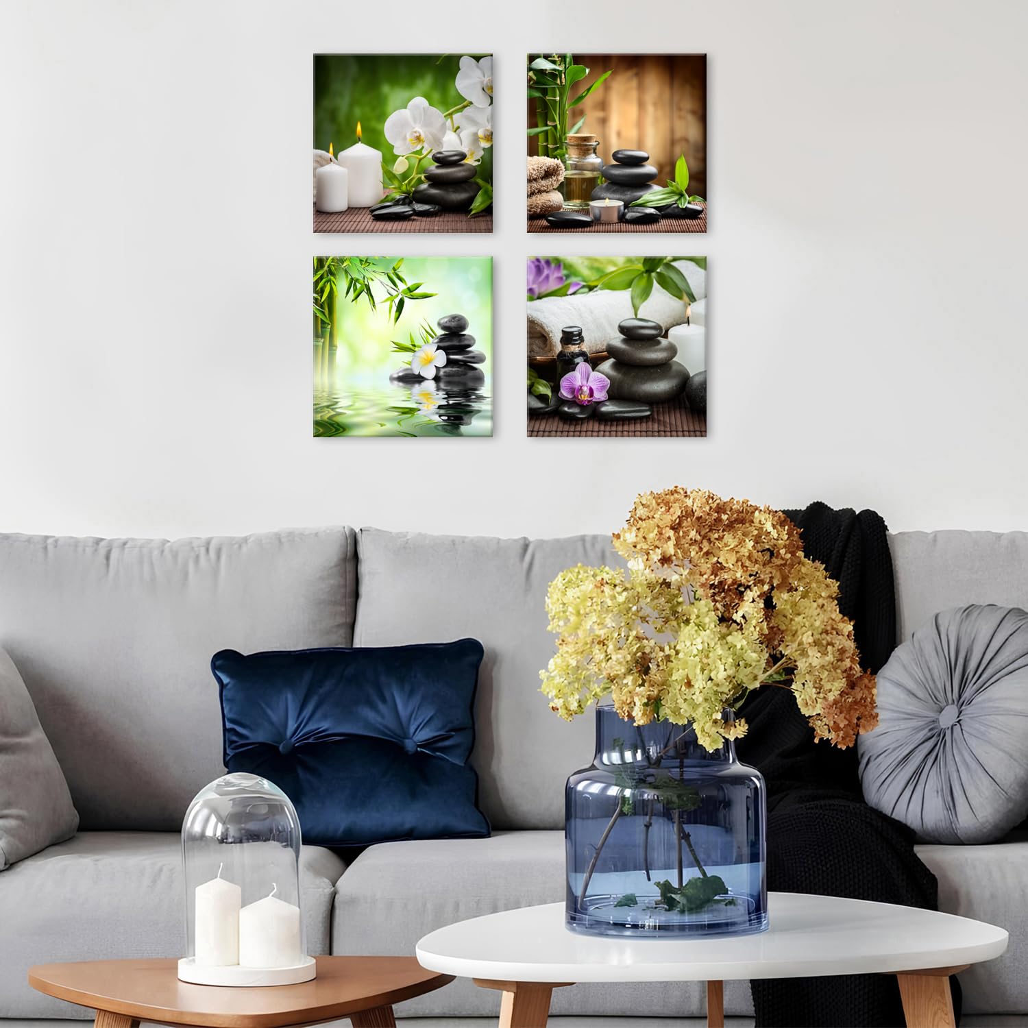 AIYISU Zen Wandbild 4 Teilig Leinwandbilder Bambus Orchidee Zen Steine Spa Wanddeko für Badezimmer Wohnzimmer Weiß Blume Kerzen Wanddeko für Schlafzimmer Küche Meditation Entspannung Deko 30 x 30 cm