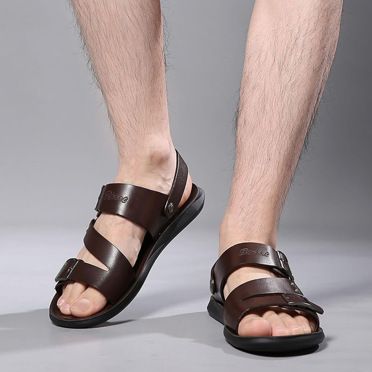 Men's Leather Buckle Casual Flat Sandals with Adjustable Dual use Ankle Straps Slip-On Beach Sandals Open Toe Non-Slip Soft Comfortable Slide Sandals - Image 3