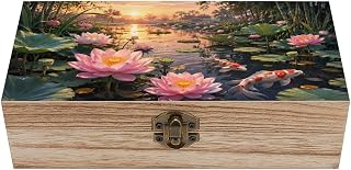 Serene Lotus Pond At Sunset Wooden Storage Box with Hinged Lid for Women, Compact Durable Jewelry Gift Box for Preserve Photos Letters Small Heirlooms