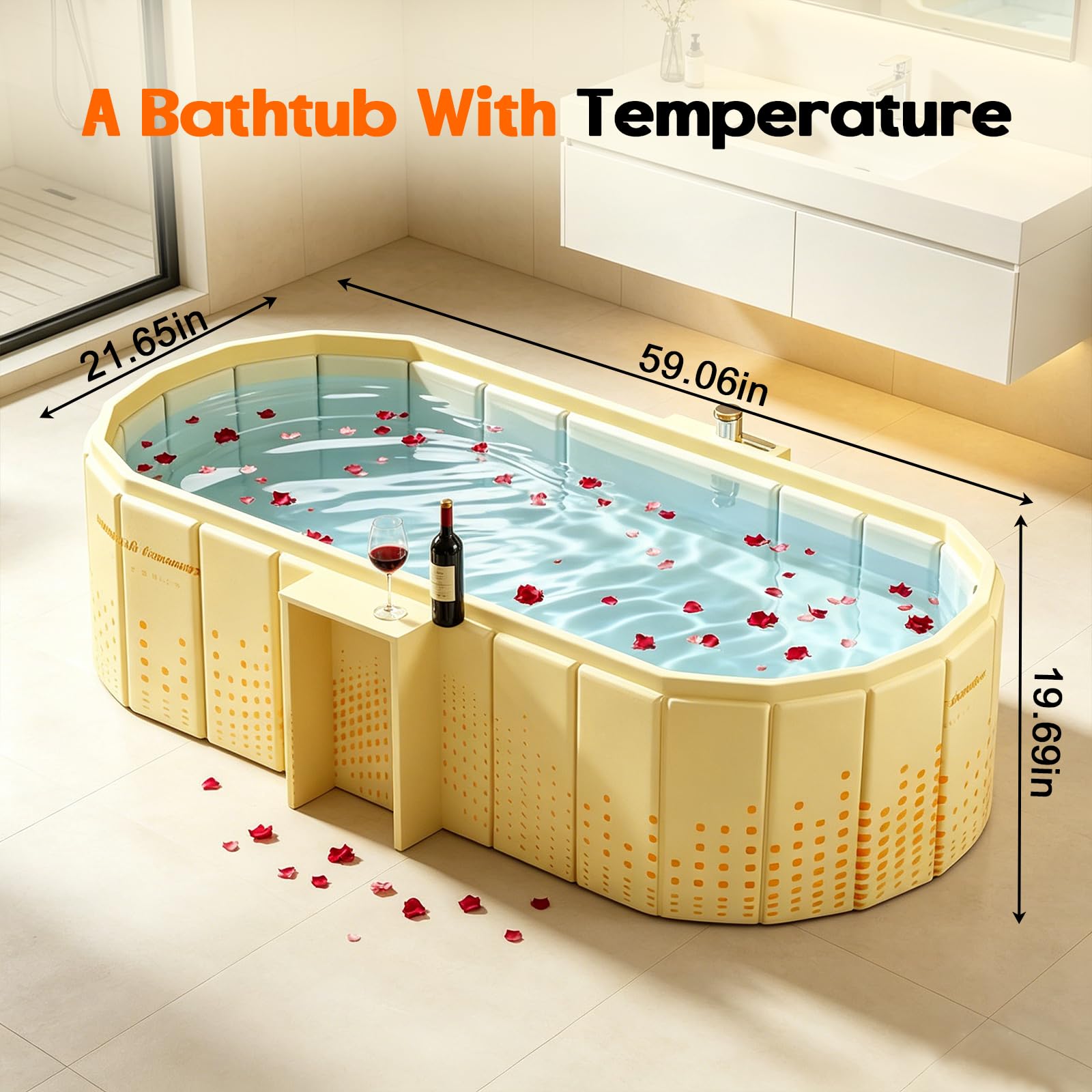 Vasca da bagno pieghevole per adulti, 150 cm, con supporto grande capacità per 2 persone, isolamento termico a 5 strati, doppio scarico, senza installazione, ideale per bagno caldo e bagno