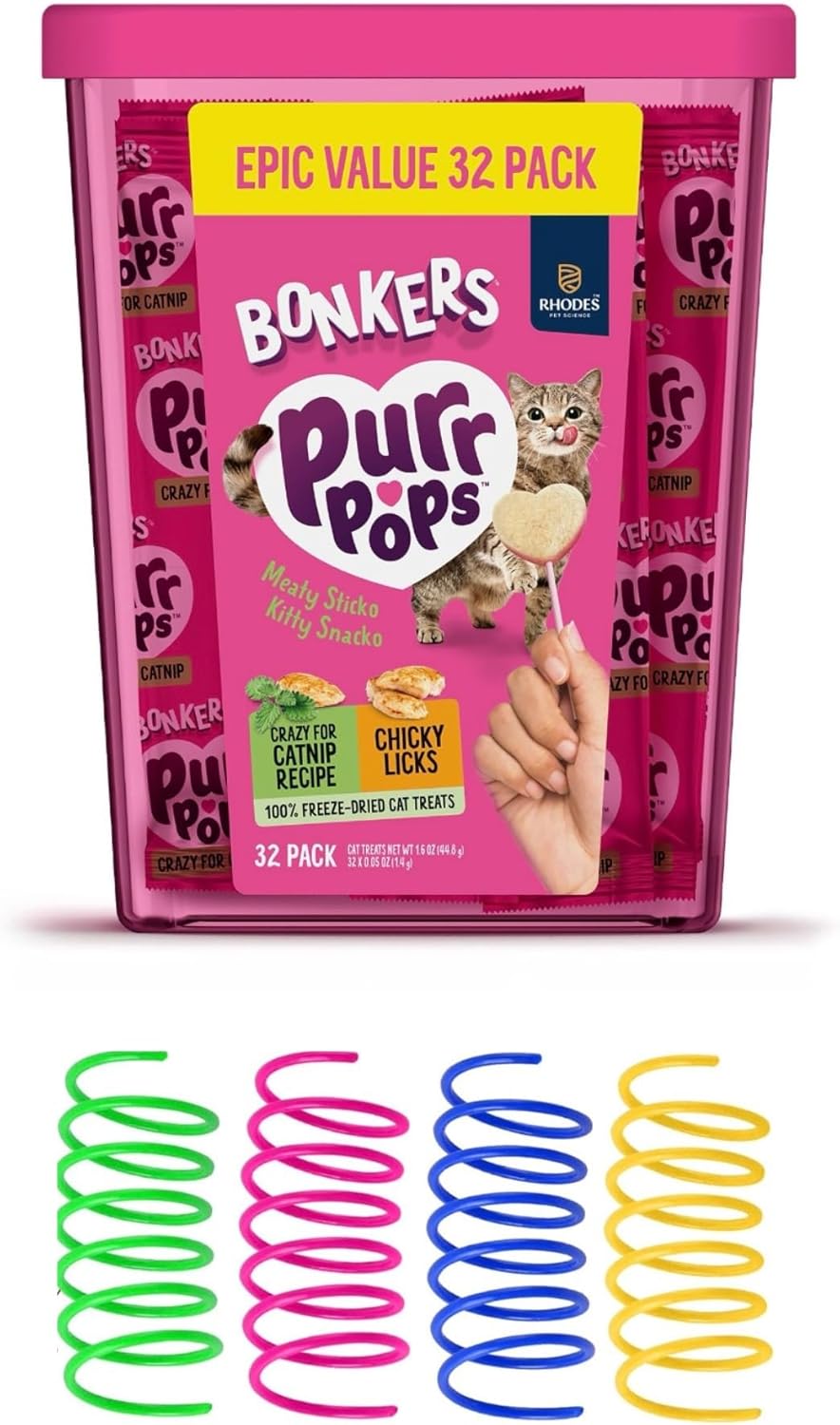 Bonkers Purrpops Cat Treats, Catnip and Chicken Flavors, 32 Count, with 4 Colorful Spring Cat Toys