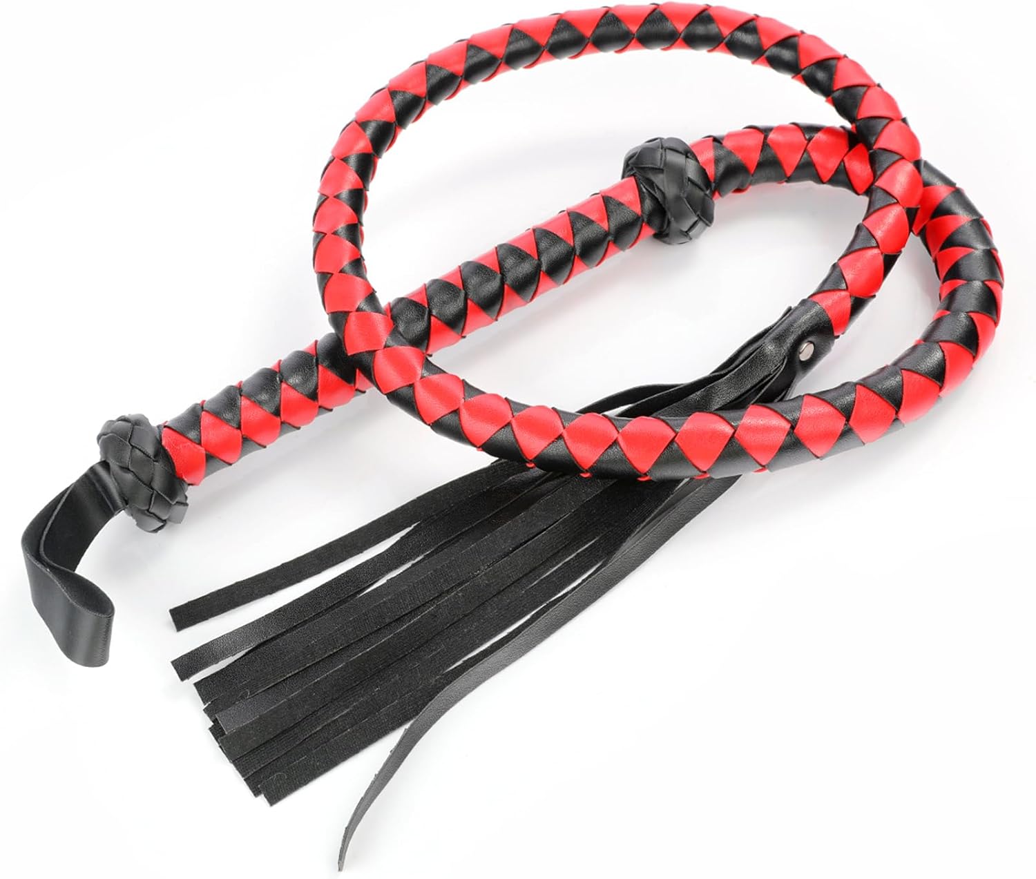 Nature-Inspired Light Green Genuine Leather Cat-O'-Nine-Tails Whip | 16cm Handle & 48cm Portable Tail | Hangable Outdoor Equestrian Whip | Handcrafted Multi-Functional Training Gear (Red&Black Long)