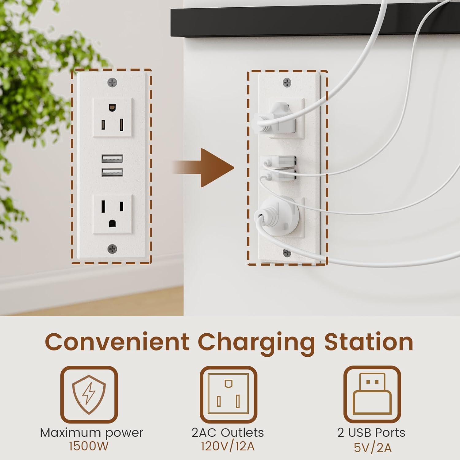Close-up of the integrated power outlet with two AC sockets and two USB ports