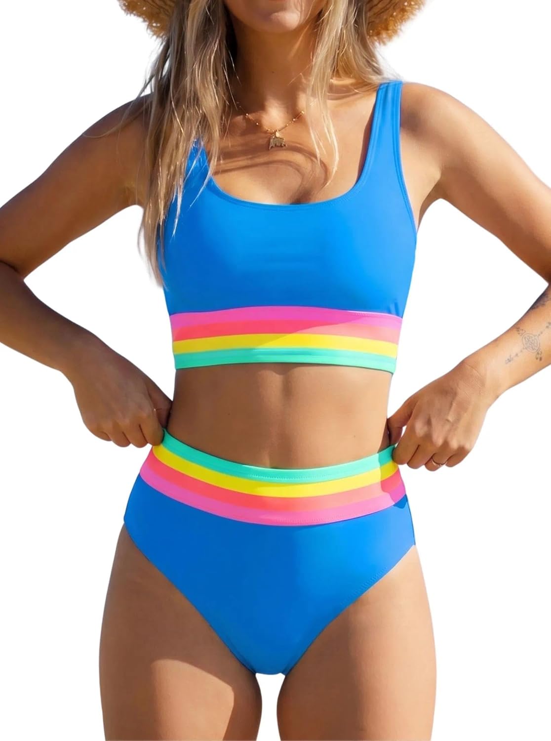popvil Womens High Waisted Bikini Sets Two Piece Neon Tummy Control Swimsuit 2026 Sporty Rainbow Bathing Suit