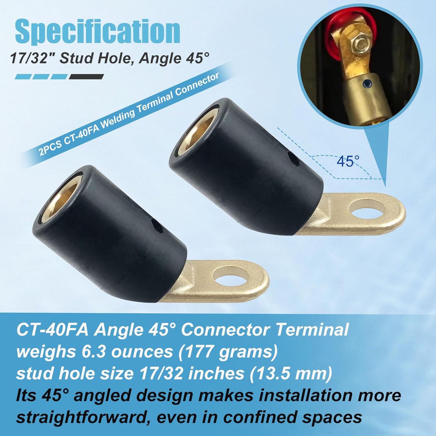 2PK CT-40FA Welding Terminal Connector, Welding Lug Connector Adapter, Terminal Lug for Lenco Style LC-40 LC-40HD Male Leads Connectors, 17/32" Stud Hole, Angle 45°, 08030