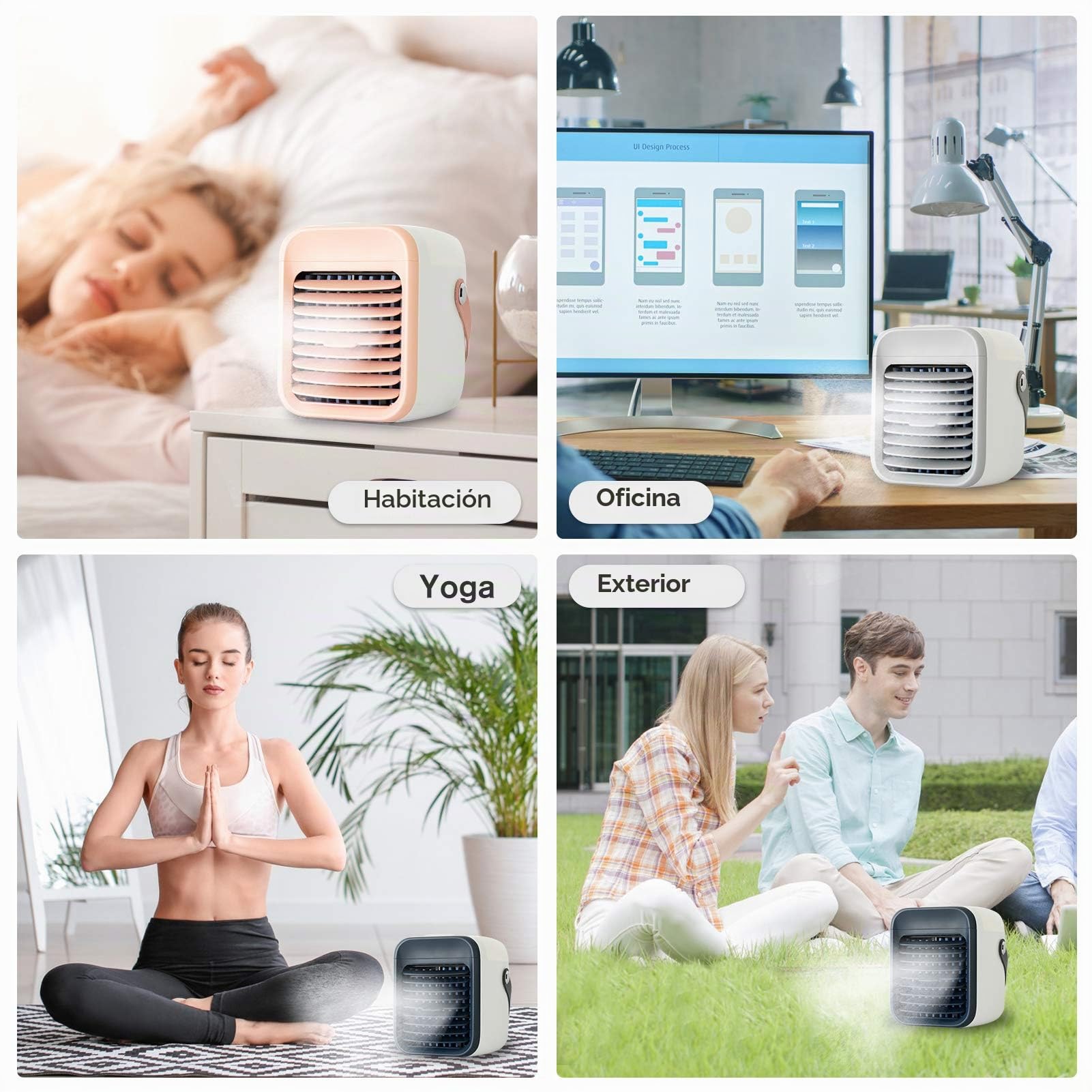 Mini Enfriador de Aire, Ventilador acondicionador portátil con función de filtración humidificador de refrigeración, 3 velocidades, luz nocturna, respetuoso con el medio ambiente, verano