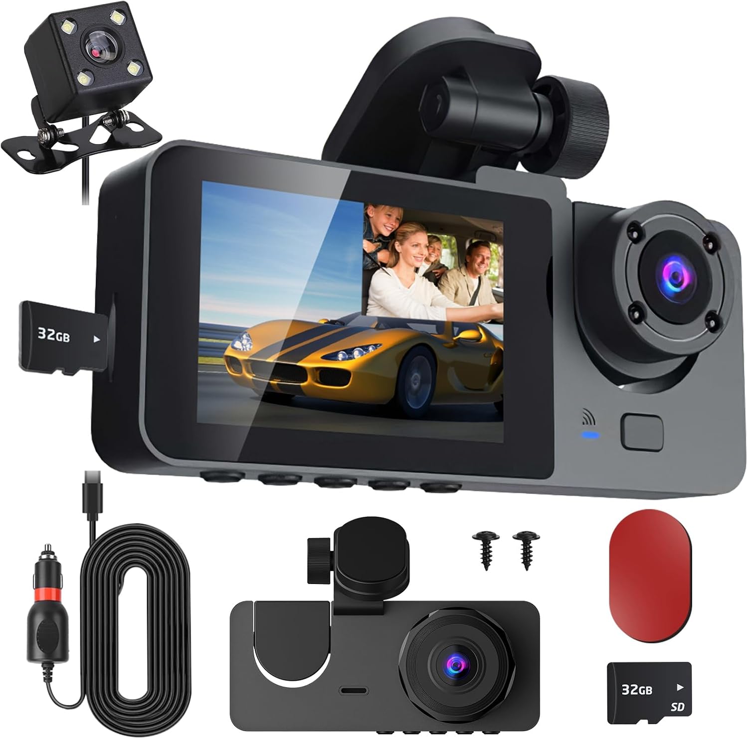 iMounTEK Dash Cam for Cars, 3 Channels Car Dash Camera 1296x1080P Front Inside and Rear Camera 170°Wide Angle Night Vision Looping Recording G-Sensor, HDR Motion Detection for Car Parking