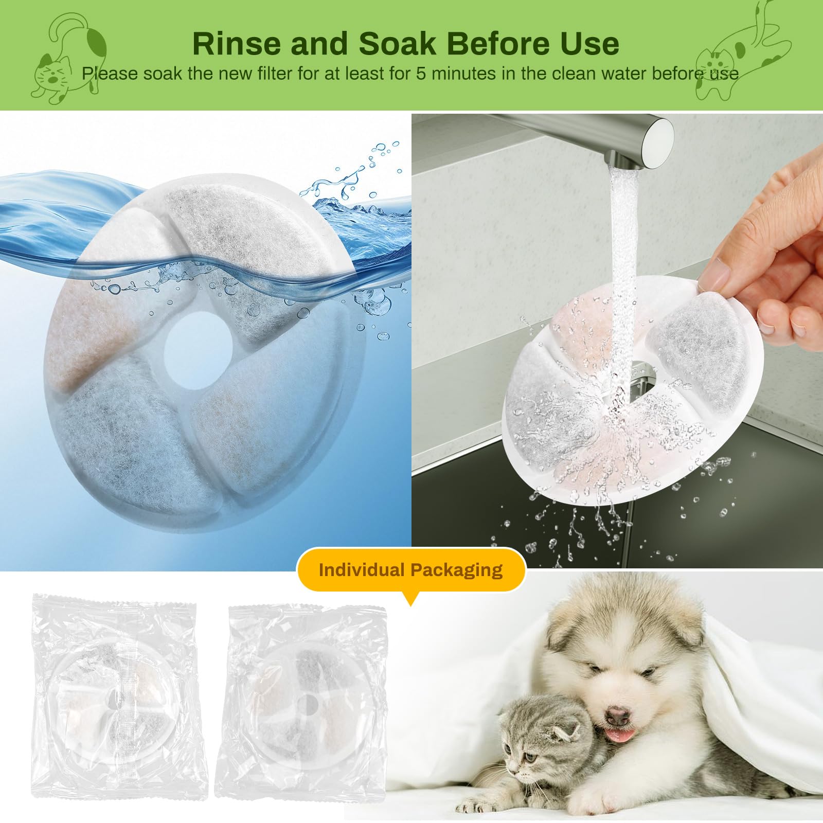 10 Pack Cat Fountain Filter Replacement for Square 2.2L/73oz Automatic Pet Water Fountain, Stainless Steel Cat Water Fountain Filters, Triple Filtration System, Activated Carbon Filters - image 6