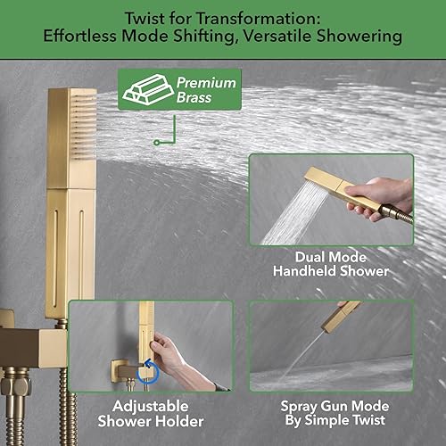 Miniatura 4 de VANFOXLE Juego de grifos de ducha con sistema de ducha de temperatura dorado cepillado, grifo de ducha desviador de botón con montaje en techo,