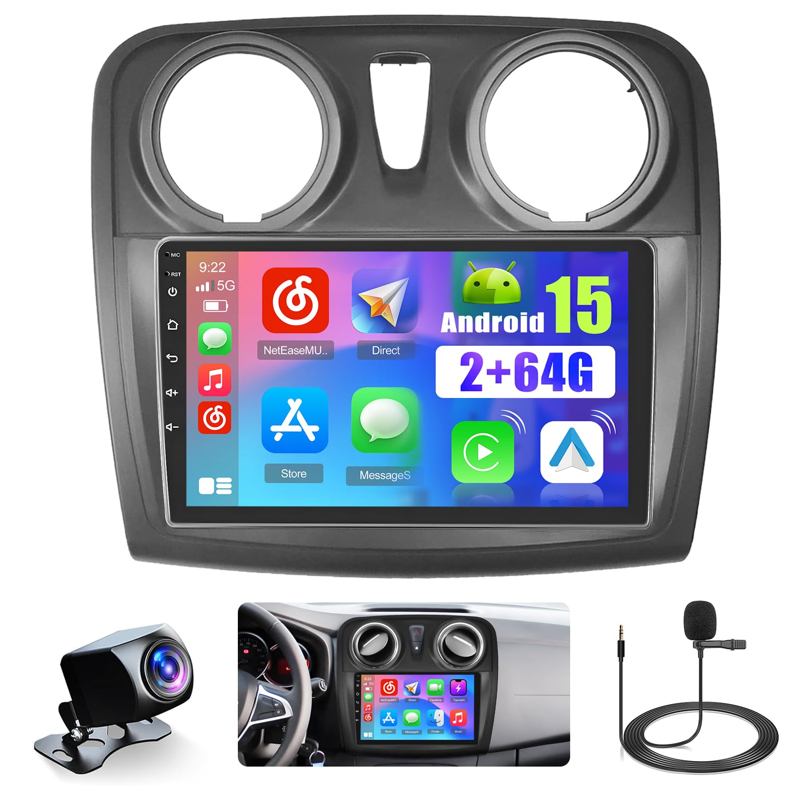 Hikity 2+64G 9" Autoradio Android pour Renault Dacia Sandero 2014-2017