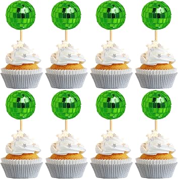 24 PCS Green Disco Ball Cupcake Toppers, Mini Disco Ball Cake Toppers Disco Theme Cake Decorations for St Patricks Day 70s Disco Party Summer Tea Party Decorations