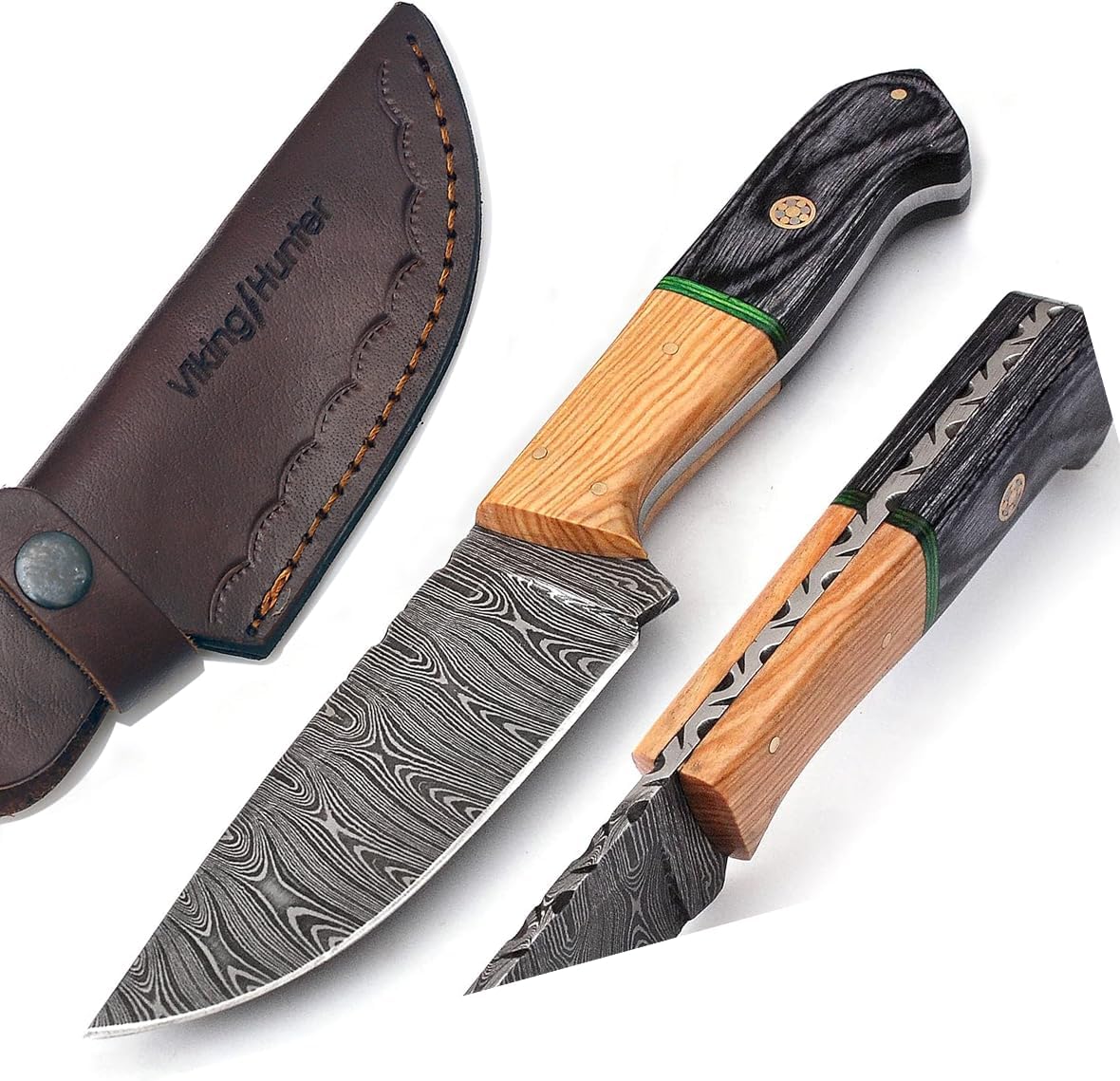 Damascus Knives Custom Handmade Hunting Knife- Best Damascus Steel Blade Skinning Knifes - Fixed Blade Hunting Knife's With Leather Sheath Belt Loop (Black Handle 9" Knife)