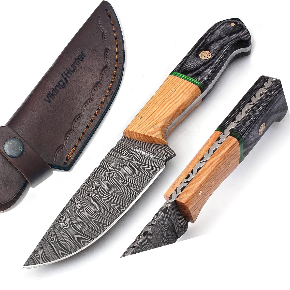 Damascus Knives Custom Handmade Hunting Knife- Best Damascus Steel Blade Skinning Knifes - Fixed Blade Hunting Knife's With Leather Sheath Belt Loop (Black Handle 9" Knife)