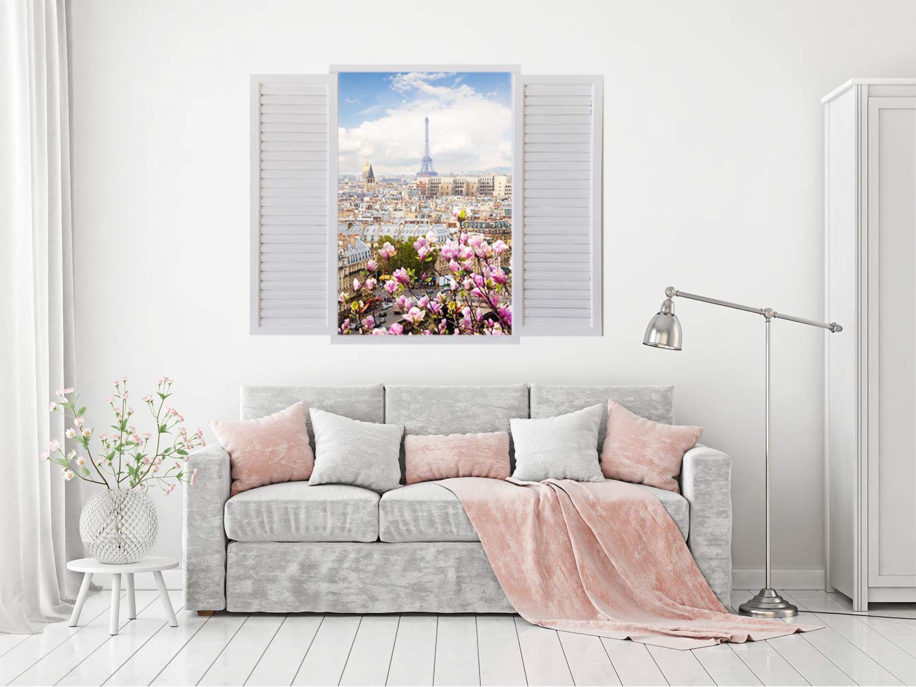 Oedim Vinilo de Pared Efecto Ventana 3D Torre Eiffel con Flores 150x107cm | Artículo Decorativo de Habitaciones | Pegatina para Decoración de Paredes | Adhesivo Elegante para el Hogar |