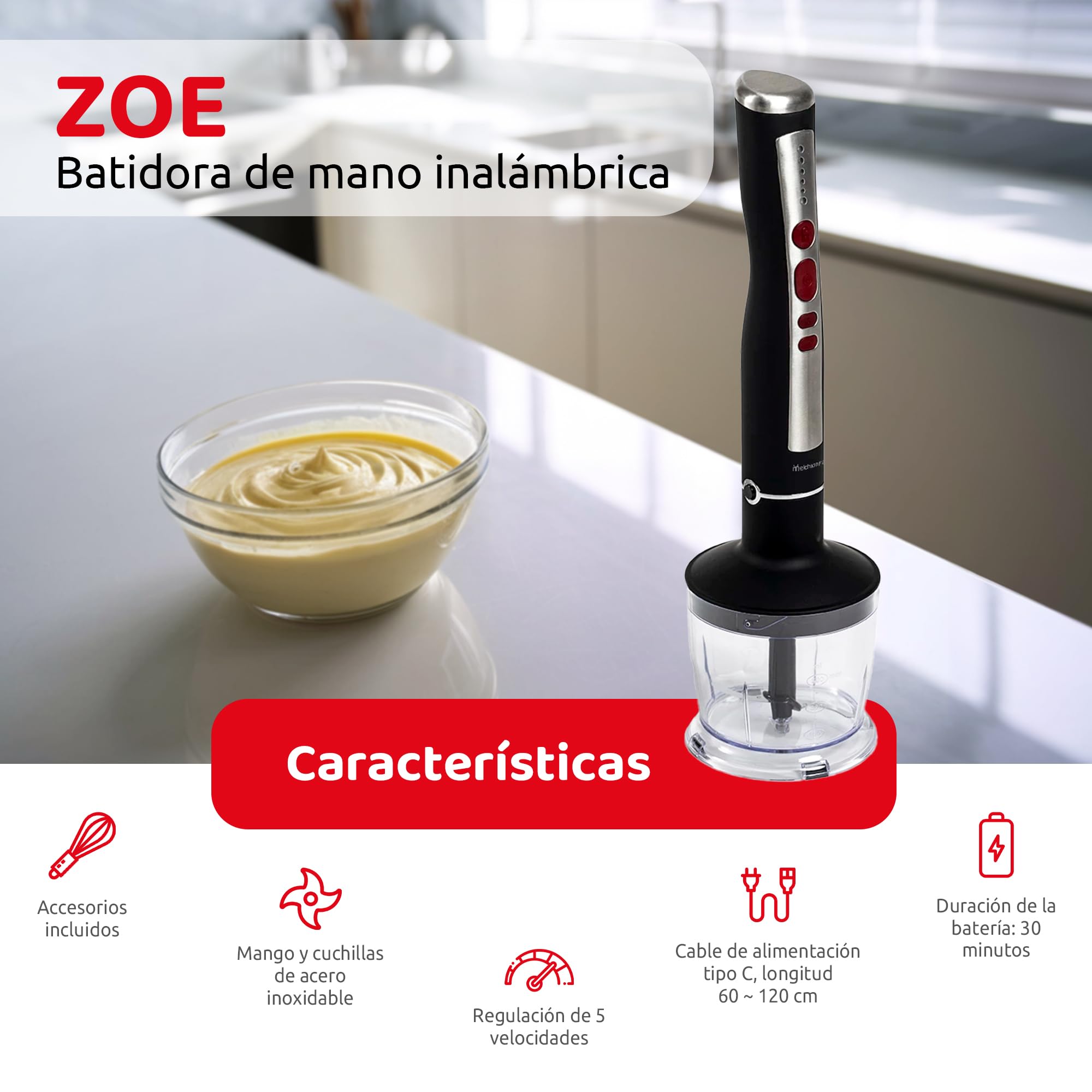 Melchioni Family | Batidora de Mano Inalámbrica Recargable ZOE, Set con Batidor, Minipimer, Licuadora y Vaso Graduado de 600 ml, Color Negro