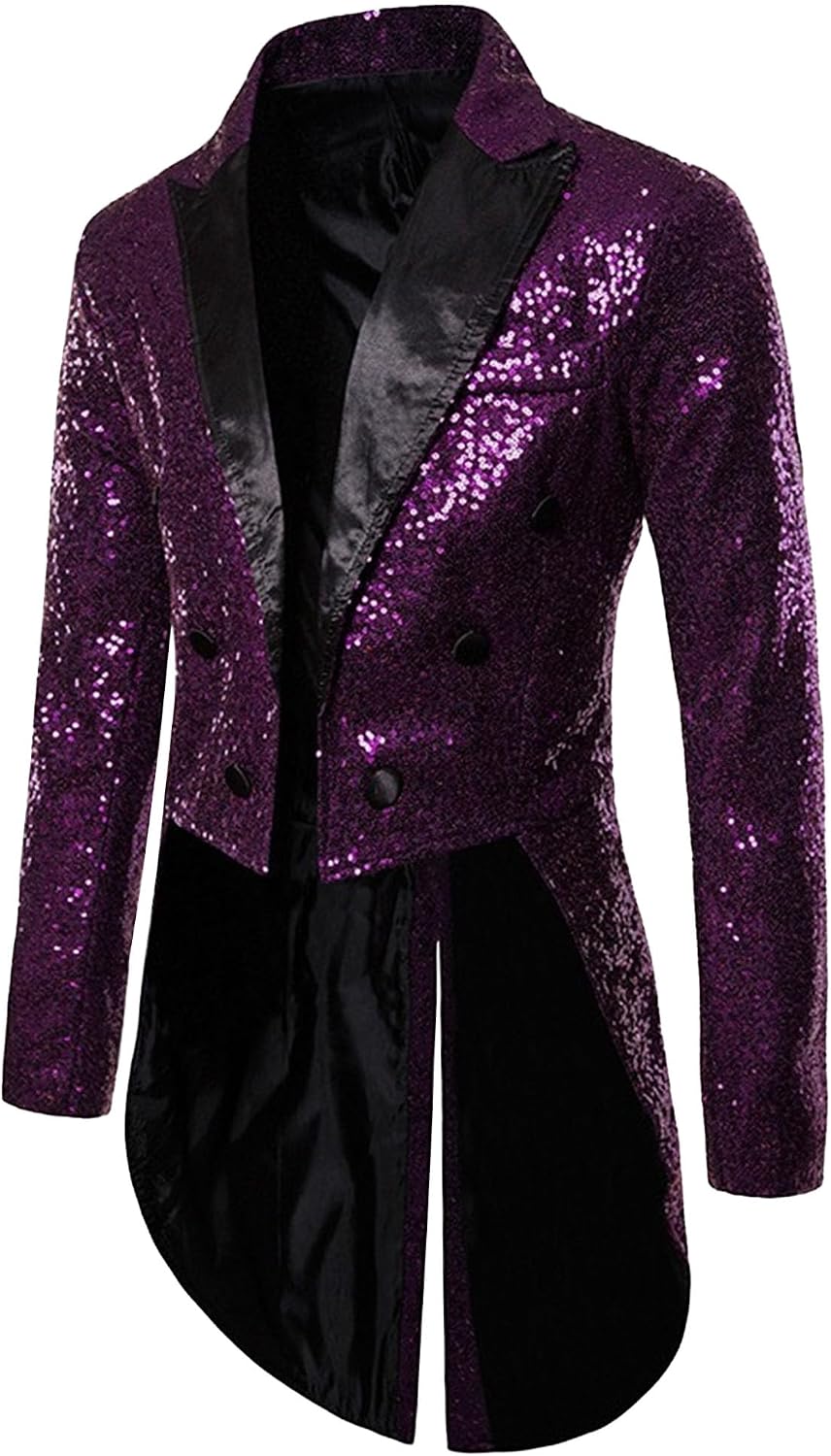 Men Classic Shiny Sequin Blazer Tuxedo 6 Buttons Business Perform Jacket Fall Suit Collar Split Hem Banquet Coat