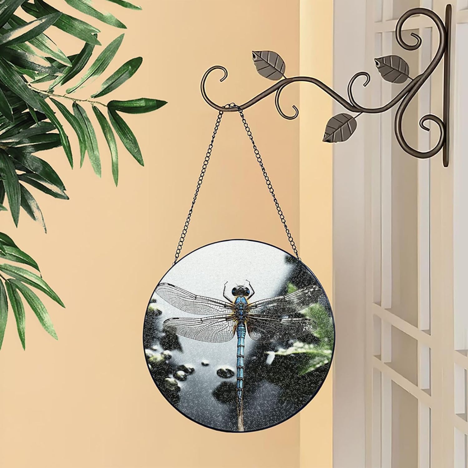 Dragonfly Stained Glass Suncatcher for Window Hanging Sun Catcher Ornament for Women Men Suncatcher for Home Decor, 10in（25cm） Round Glass Ornament for Mother's Day Birthday Gift