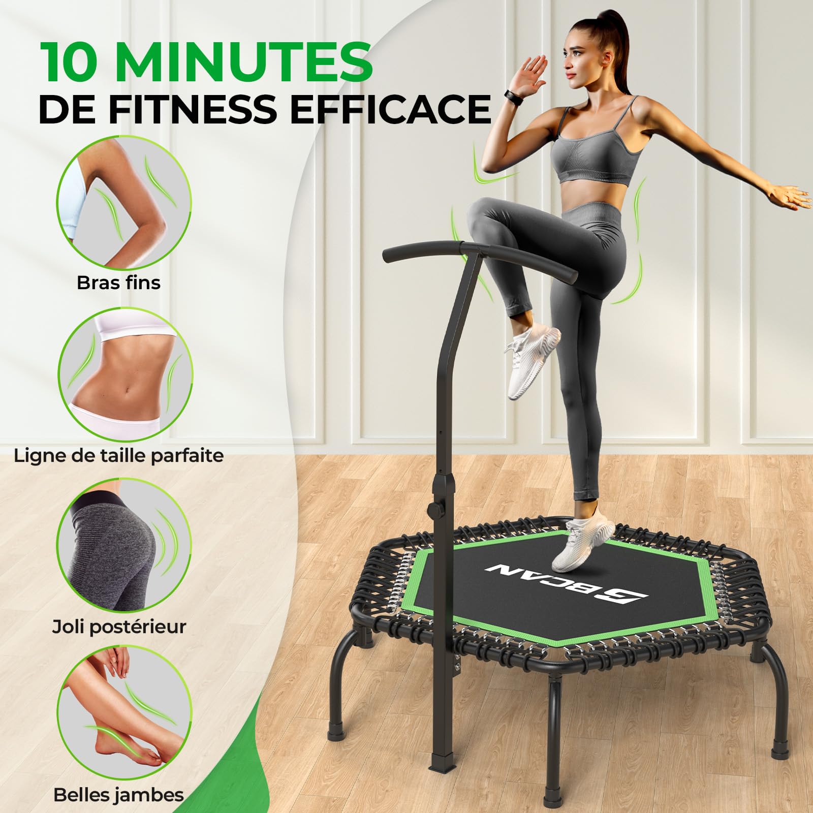 Trampoline d'intérieur BCAN Fitness, diamètre Ø 102/122/130 cm, Mini Trampoline à élastiques/Ressorts, Convient aux Adultes jusqu'à 204/250 kg, avec poignées réglables, Silencieux.