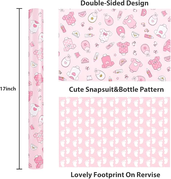 MAYPLUSS Baby Pink Girl Gift Wrap Paper, 17IN x 33FT Baby Shower Wrap Paper