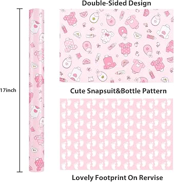 MAYPLUSS Baby Pink Girl Gift Wrap Paper, 17IN x 33FT Baby Shower Wrap Paper