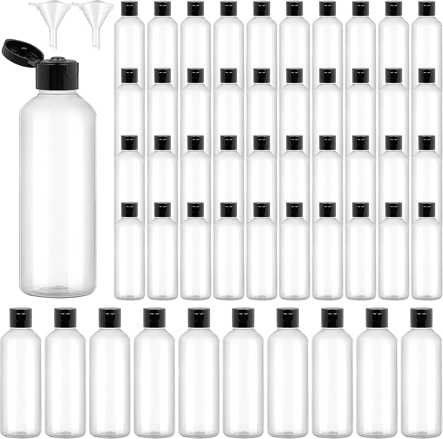 50 Stück Kleine Reiseflaschen für Flüssigkeiten , 100ml Leere Shampoo Flaschen, Klare Kunststoffflaschen mit Klappdeckel und Trichter, Nachfüllbare Kosmetikbehälter Quetschflaschen für Lotion, Reise