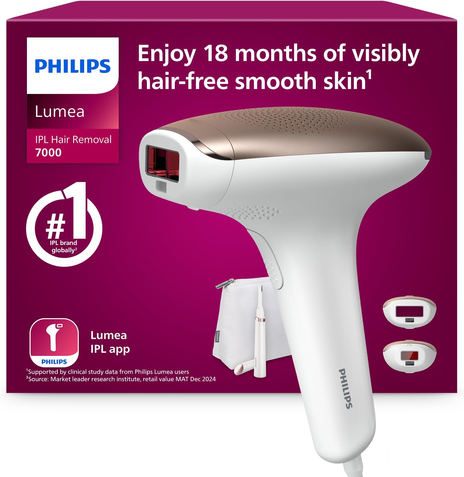 Philips Lumea 7000 Series, IPL Hair Removal Device, Laser Hair Removal Alternative, with Satin Compact Pen Trimmer, 2 Attachments for Body and Face, Model BRI921/00