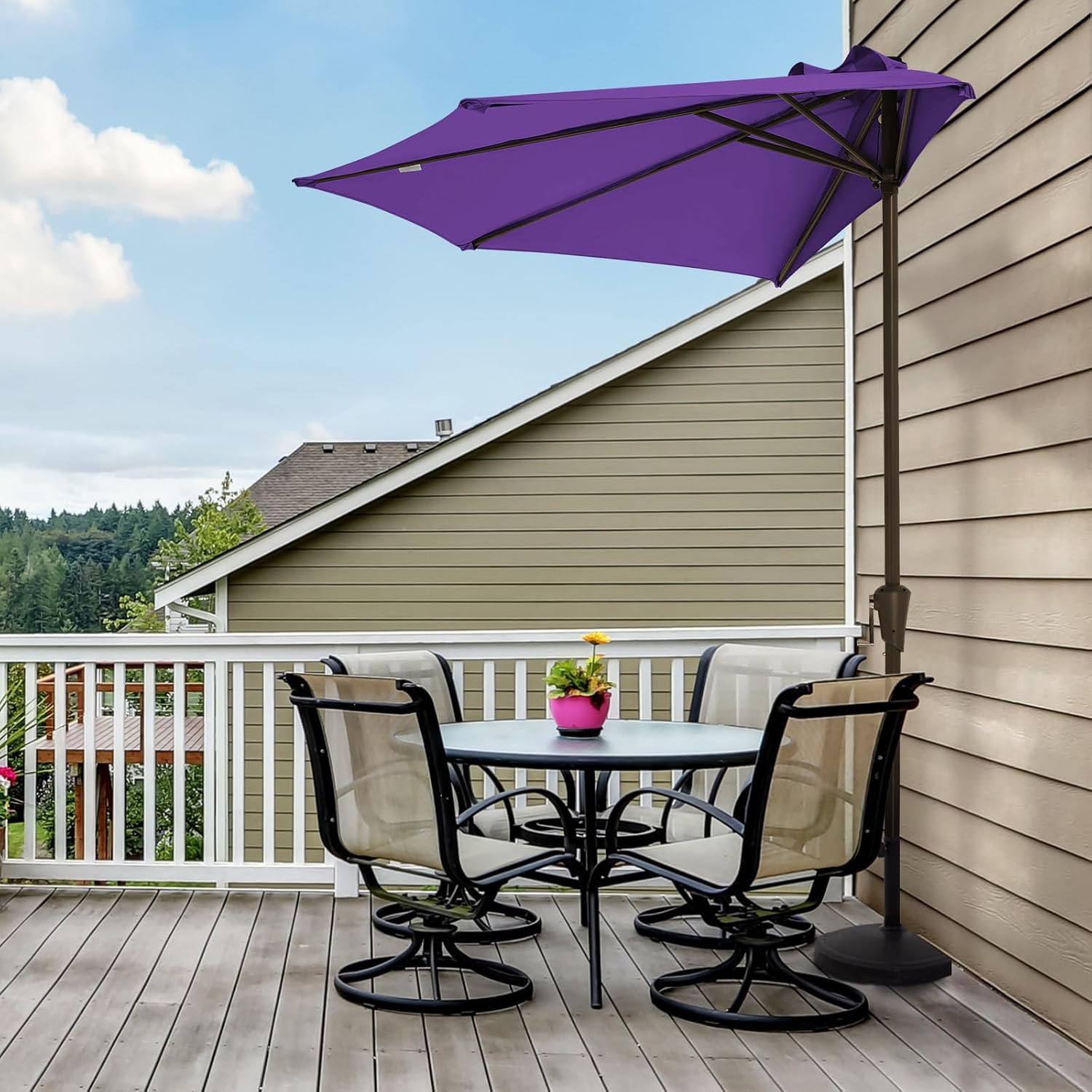 JEAREY 9ft Half Umbrella Outdoor Patio Umbrella Market Umbrellas with Crank, 1/2 Round Wall Umbrella 5 Sturdy Ribs UV Protection for Pool Garden Balcony Deck, Grape Purple