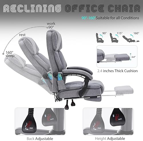 Miniatura 3 de Silla de Oficina de Masaje con Calor, Silla de Oficina Reclinable con Reposapiés, Sillas de Escritorio para el Hogar con Vibración de 6 Puntos