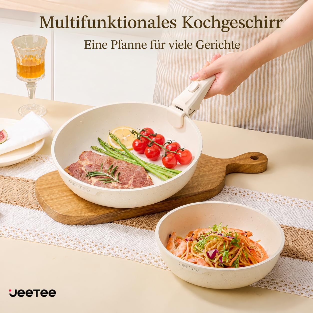 JEETEE Topf und Pfannensets mit abnehmbarem Griff 17-Teilig, Antihaft Pfanneset, Topfset Induktion, Kochtopf Set mit Deckel und Messer, Alle Herde kompatibel, PFOS/PFOA frei, Beige