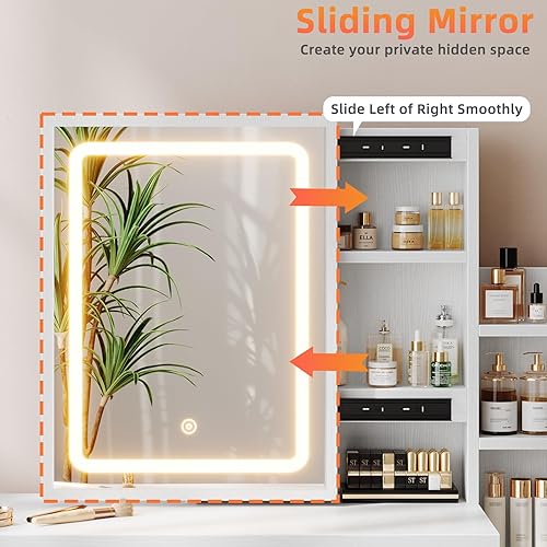 Miniatura 5 de Escritorio de tocador con espejo y luces, tocador de maquillaje con 3 modos de iluminación ajustables, pequeño escritorio de tocador con espejo