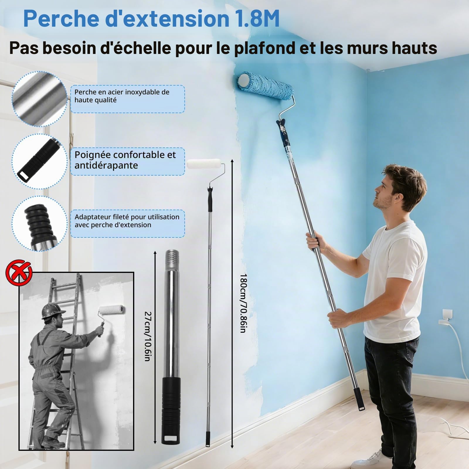 Qivine Kit de Rouleau Peinture avec Tige Télescopique, 20 Pièces Petit Rouleau Peinture Kit, Rouleau de 9 inch avec Pinceau, Kit Peinture Mur pour Peindre les Murs, les Bordures et les Plafonds