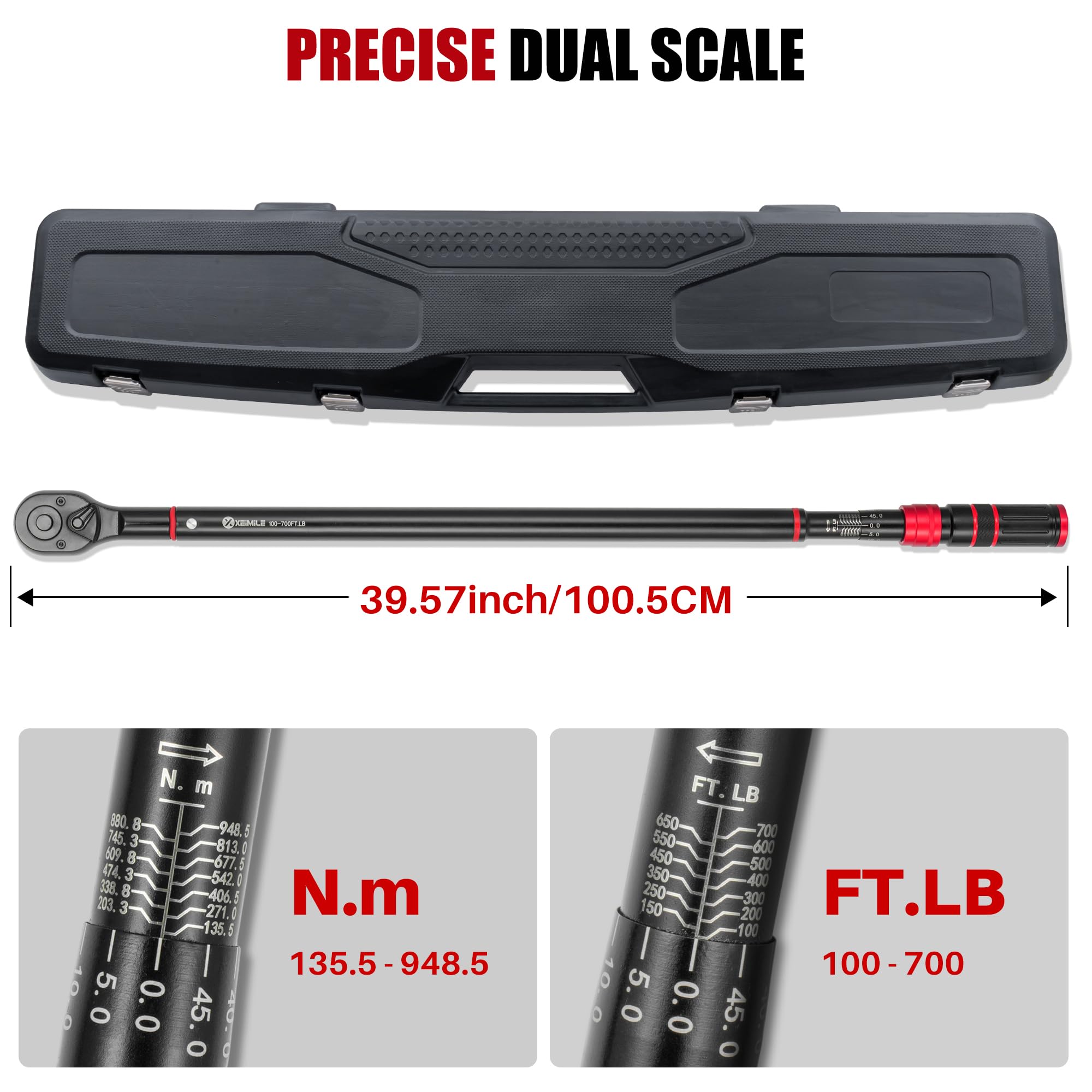 Chiave dinamometrica a scatto da 3/4", 136-949 Nm, chiave dinamometrica regolabile a 48 denti, precisione 3% per auto, camion, trattori, manutenzione e assemblaggio del prodotto