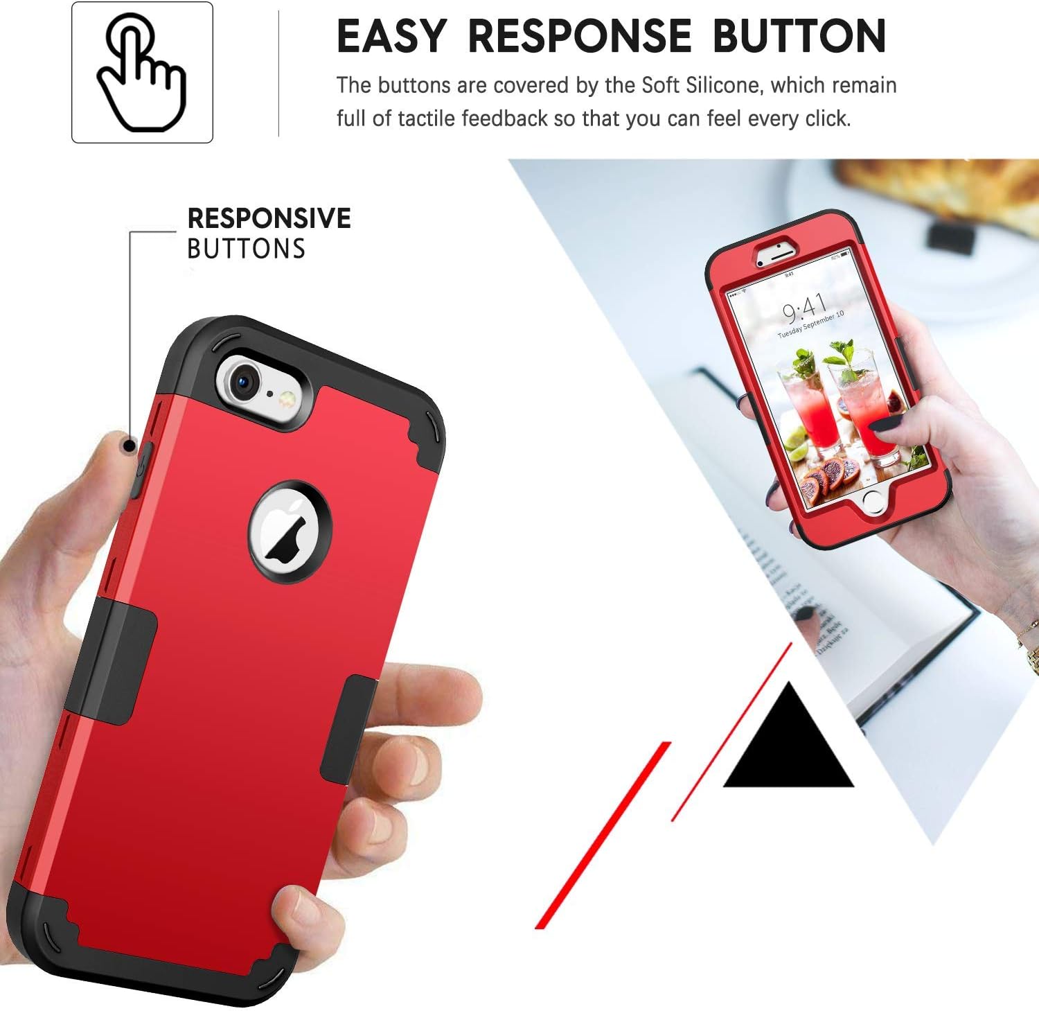 BENTOBEN Case for iPhone 8, iPhone 7 Case, 3 in 1 Hybrid Case Shockproof Bumper Slim Hard Cover PC + Soft Silicone Rubber Interior Full Body Rugged Protective Phone Cover for iPhone 7/8, Red/Black