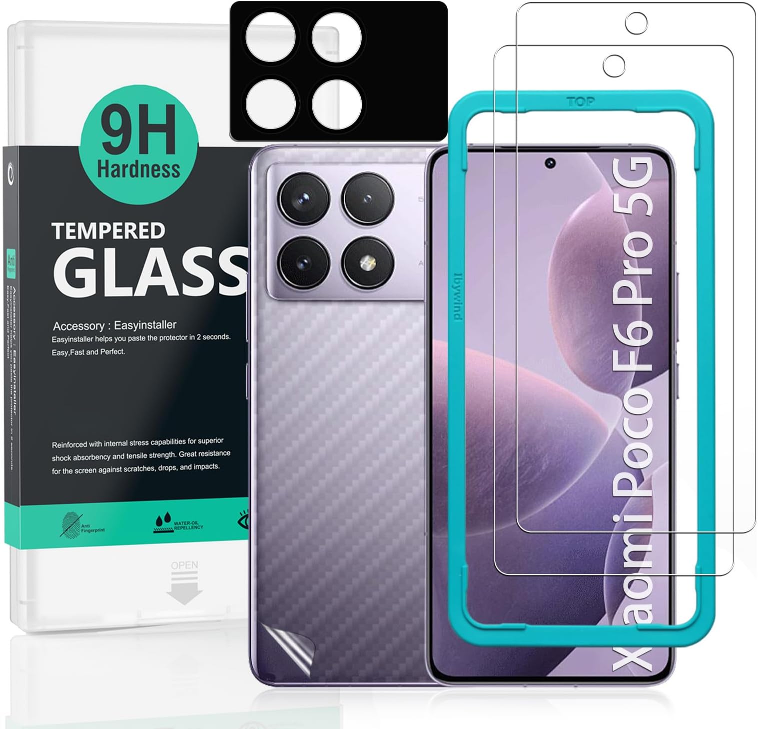 Ibywind 2 Pack Screen Protector For Xiaomi Poco F6 Pro 5G 6.67",9H Hardness Tempered Glass,With 1Pc Camera Lens Protector,1Pc Back Carbon Fiber Film,Easy to install