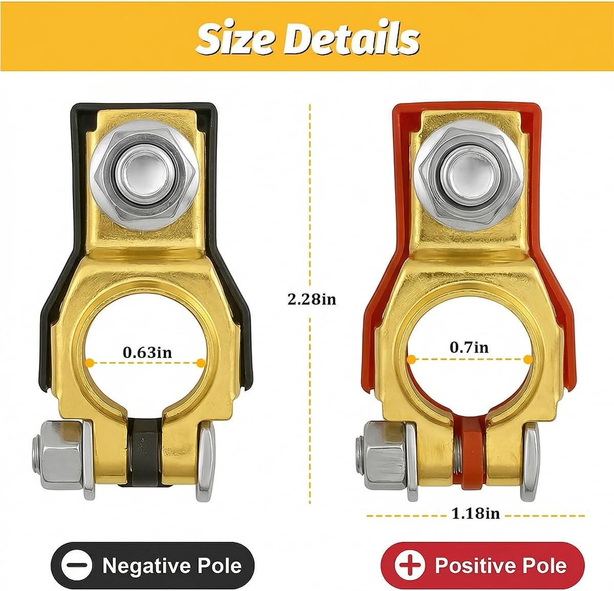 2PCS Car Battery Terminal Connector, Corrosion Resistance Vehicle Positive & Negative Battery Cable Terminal Top Post with Washers, Auto Batteries Connectors, Universal Fit (Pure Copper)