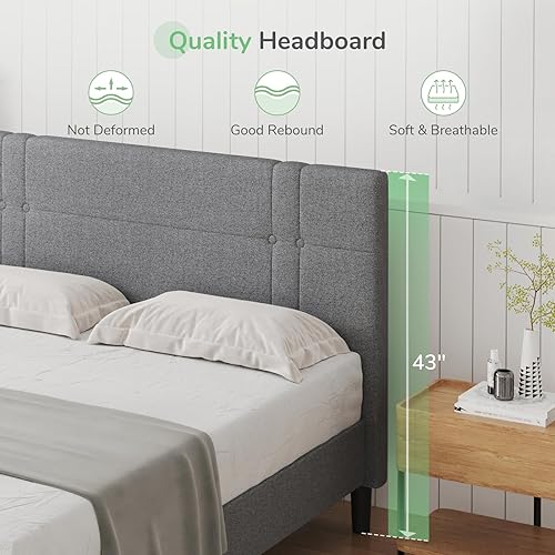 Miniatura 3 de Novilla Base de cama tamaño Queen con cabecera y soporte de listones de madera, marco de cama tapizado Queen no necesita somier, fácil montaje, gris