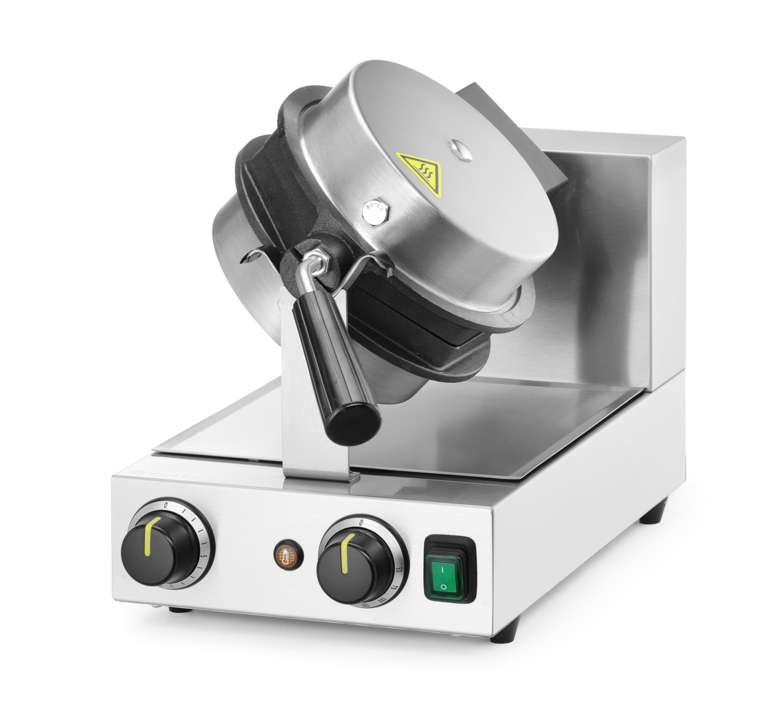 HENDI Máquina eléctrica giratoria para hacer gofres de burbujas, gofrera bubble waffles, waflera, placas antiadherentes de aluminio fundido, 50°C-210°C, 1500W, 255x560x(H)318mm, acero inoxidable