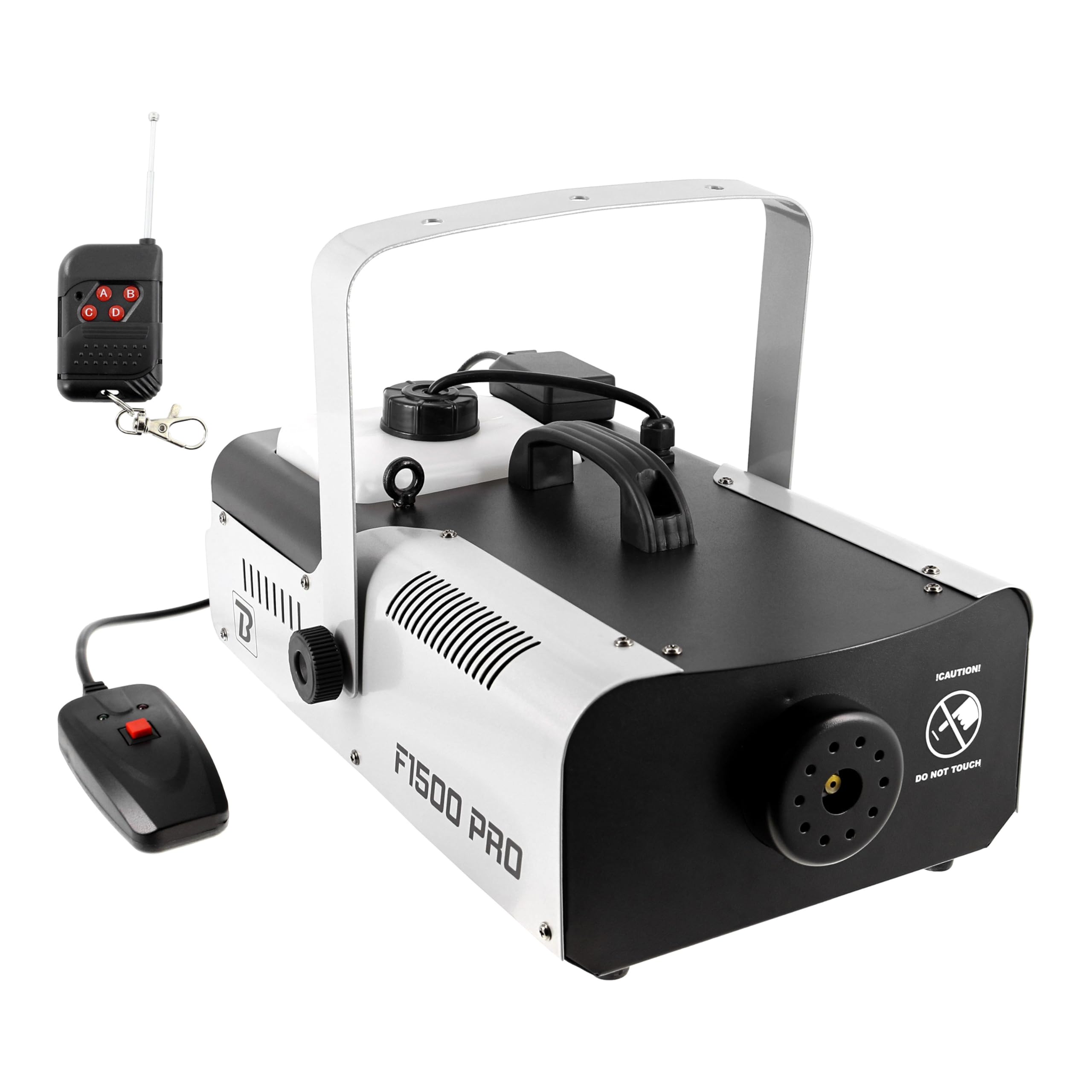 BoomToneDJ F1500, machine à fumée, 1500W, télécommande filaire 3 mètres, télécommande HF et lyre de fixation inclues, idéale pour mariage, soirées privées, machine à fumée compacte, prête à l'emploi