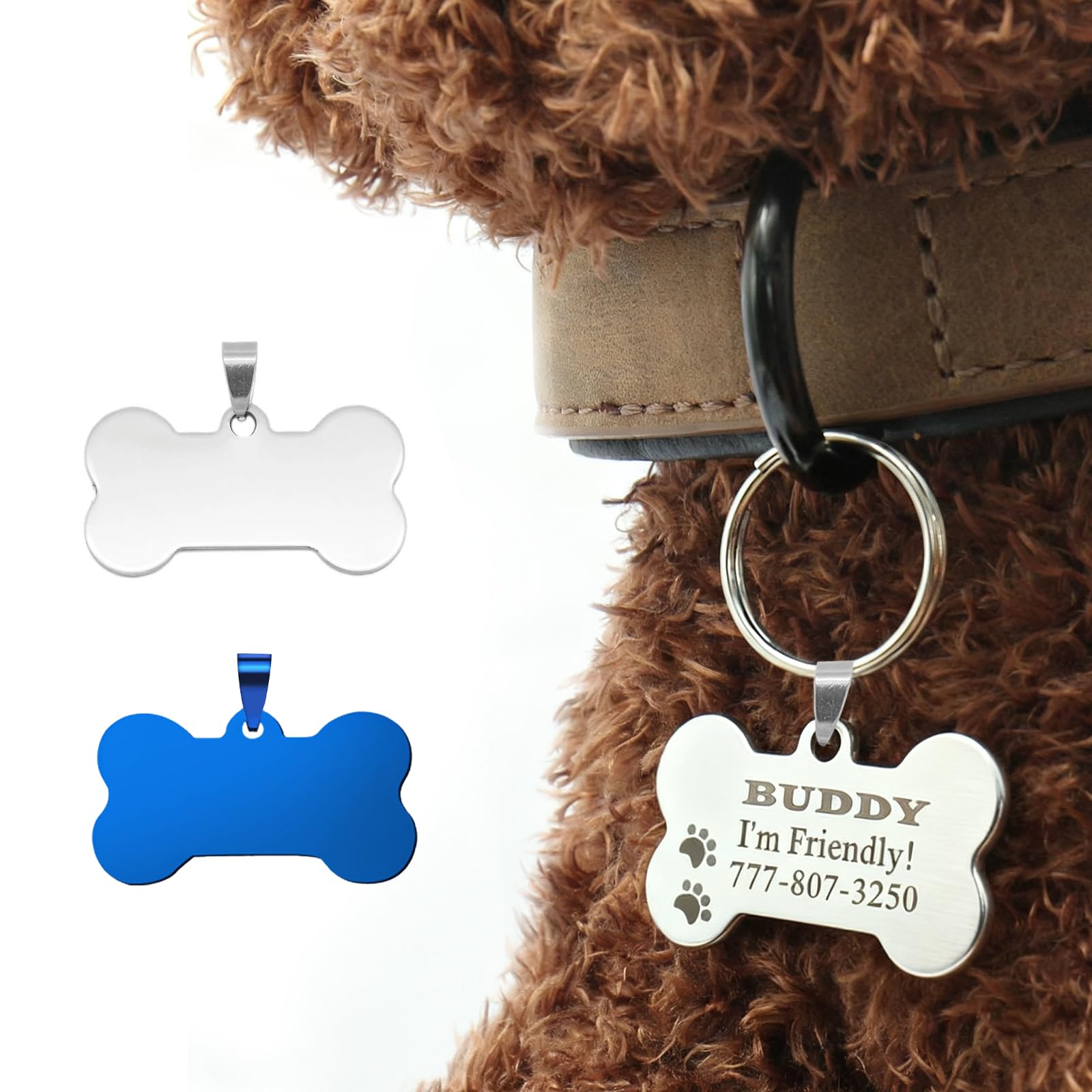 Etiqueta de perro personalizada, etiqueta de perro con grabado (auto-grabado) colgante para collar de perro, etiqueta de perro en forma de hueso de acero inoxidable, colgante de marca para