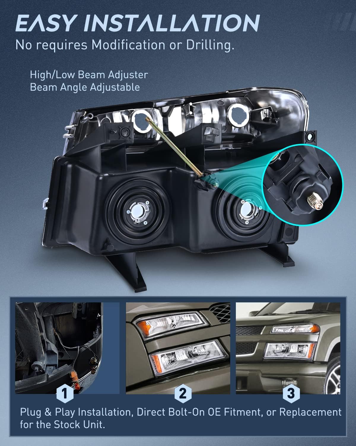 Nilight Headlight and Taillight Assembly Combo Compatible with 2004 2005 2006 2007 2008 2009 2010 2011 2012 Chevy Colorado GMC Canyon OE Style Chome Housing Amber Reflector with Red Tail Light