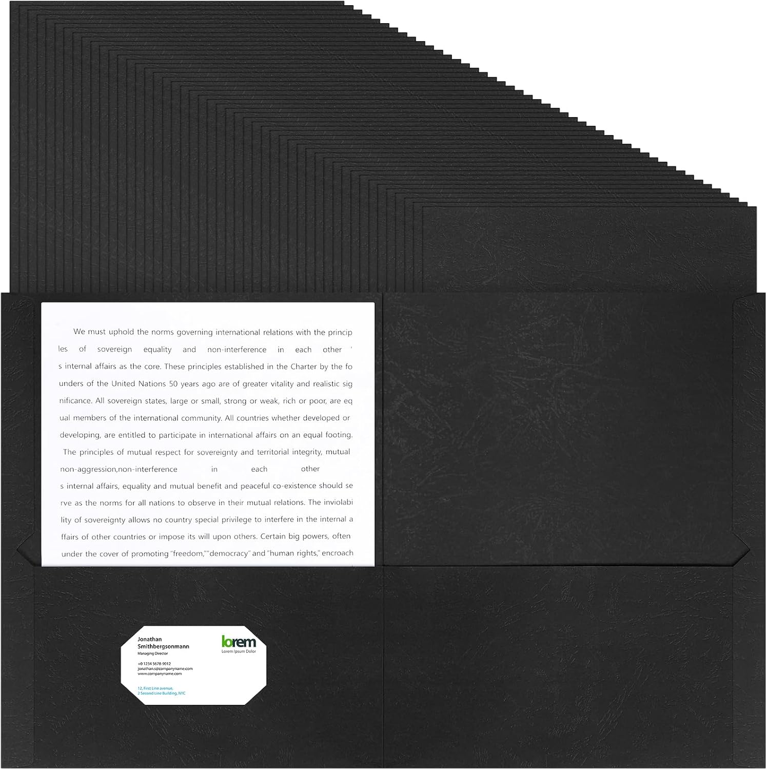 Harloon 50 Pack Two Pocket Folders Bulk, Letter Size Paper File Folder 8.5 x 11 Inches Textured Paper with Business Card Slot for School Graduation Office Home Business (Black)