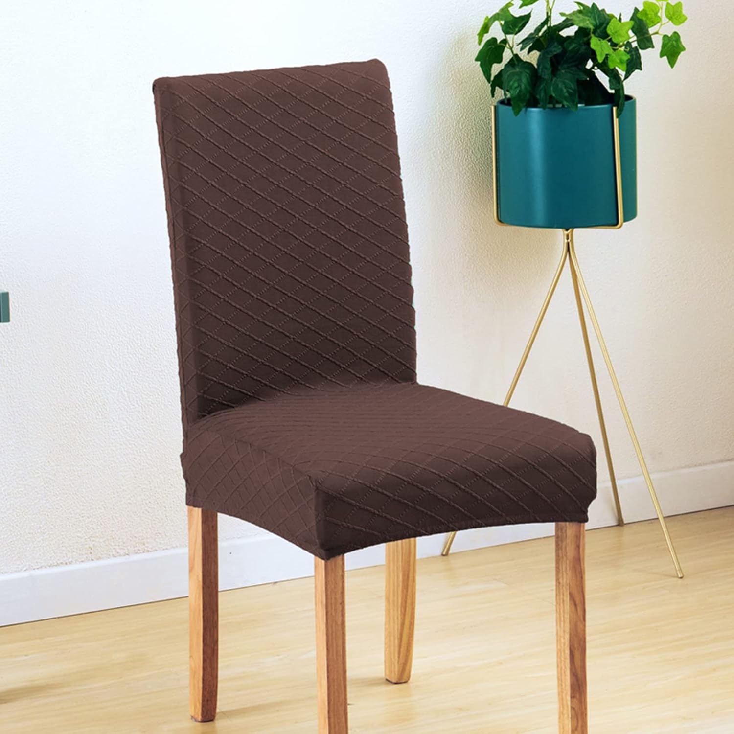 HAPPYDOG 2/4/6 Pack Stretch Lattice Jacquard Dining Chair Covers Seat Slipcover for Dining Room Hotel Ceremony Banquet Wedding Party (2, Coffee)