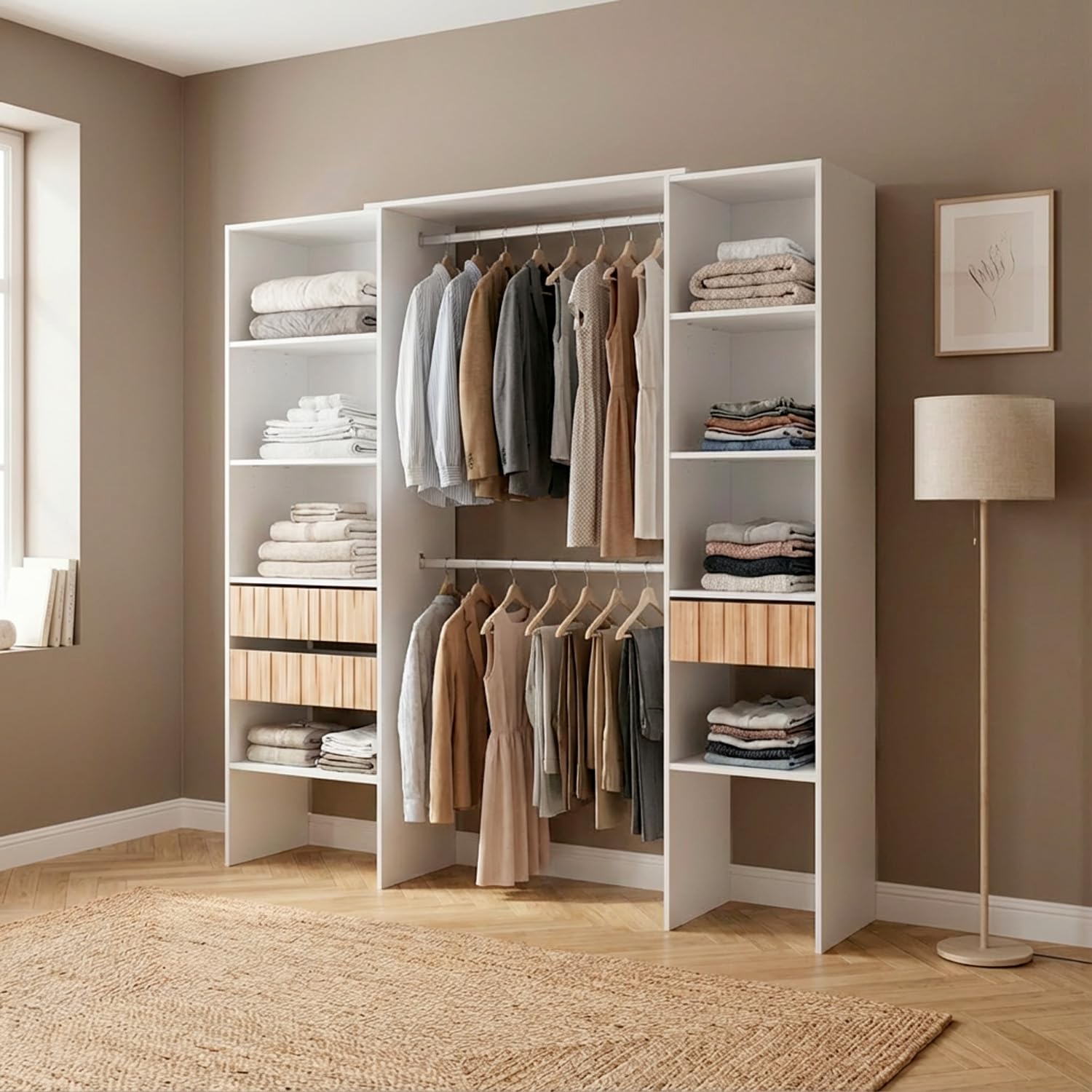 Armadio Guardaroba Aperto Con Ripiani Regolabili 3 Cassetti Doppio Appendiabiti In Alluminio Mobile Armadietto Multiuso Senza Ante Camera Da Letto Cameretta 190 x 187 x 40 Cm Bianco E Rovere Listato