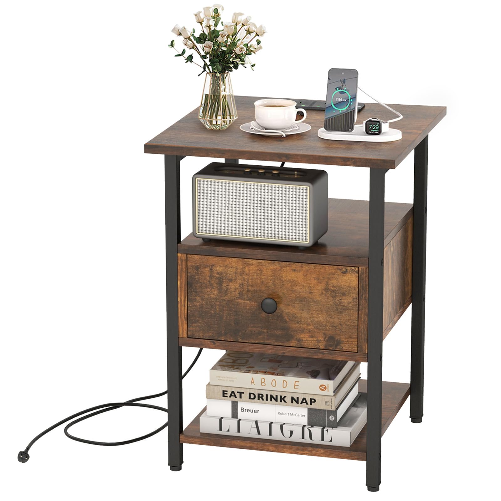 COSTWAY Bedside Table with Charging Station, 3-Tier Industrial Nightstand Sofa Side Table with Drawer and Open Storage Shelves, Metal Frame Wooden Bedside Cabinet End Table for Living Room Bedroom (1)