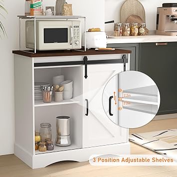HOMFAMILIA 31.5 H Farmhouse Coffee Bar Cabinet w/Storage, White Kitchen Coffee Station with Sliding Barn Door, Rustic Buffet Cabinet with Adjustable Shelves, for Kitchen, Living Room, White